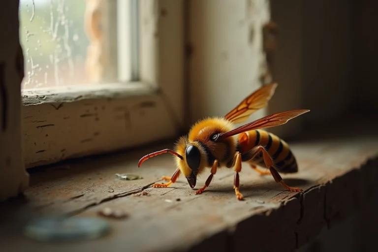 Frelon européen posé sur un rebord de fenêtre en bois usé à l'intérieur d'une maison rustique, symbolisme du frelon dans la maison