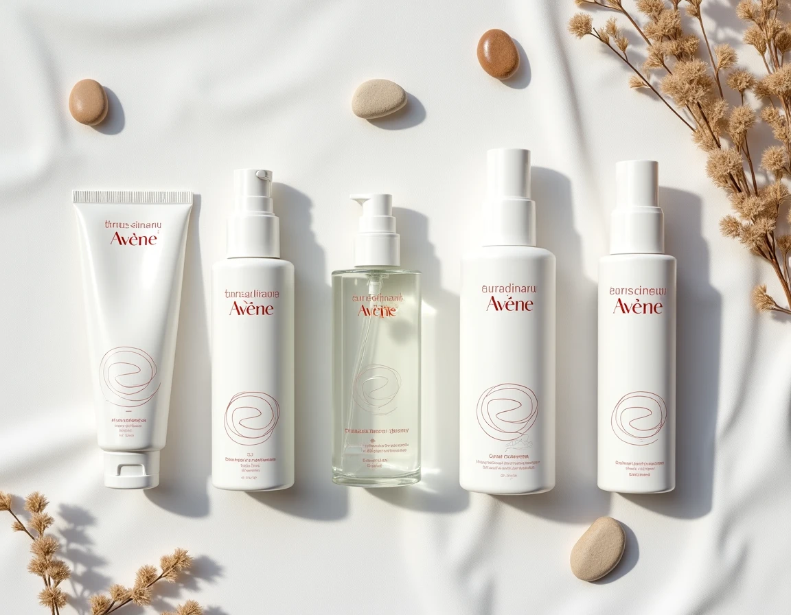 Gamme de produits Avène pour peaux sensibles présentée en flat-lay sur lin blanc