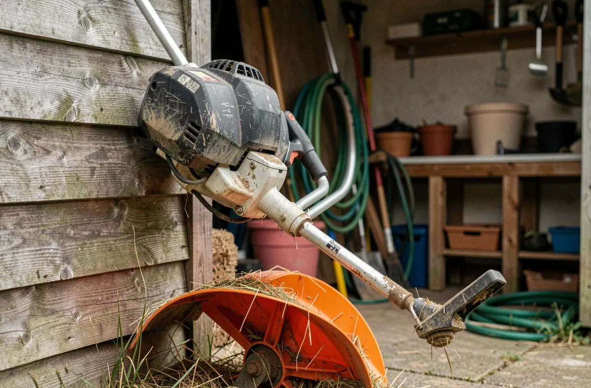 Gros plan d'une débroussailleuse thermique professionnelle appuyée contre un abri de jardin en bois