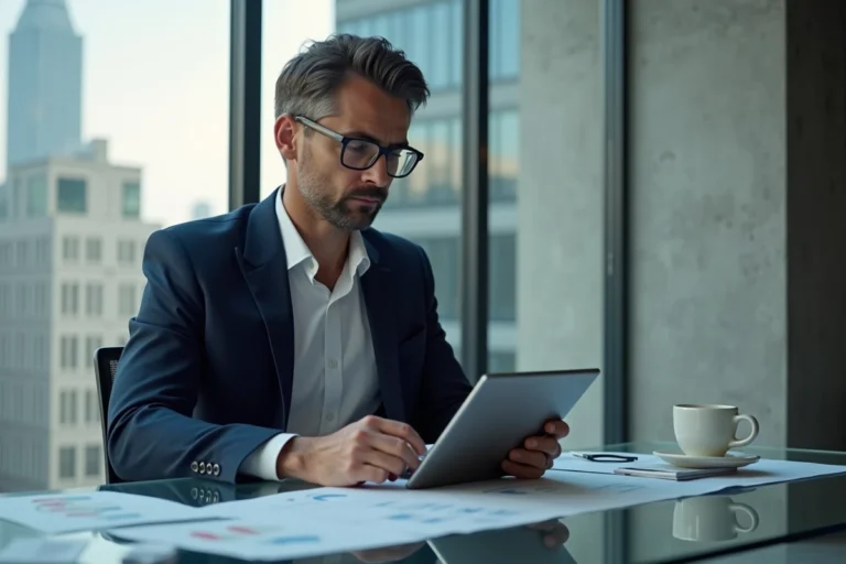 Homme d'affaires en costume regardant des graphiques financiers