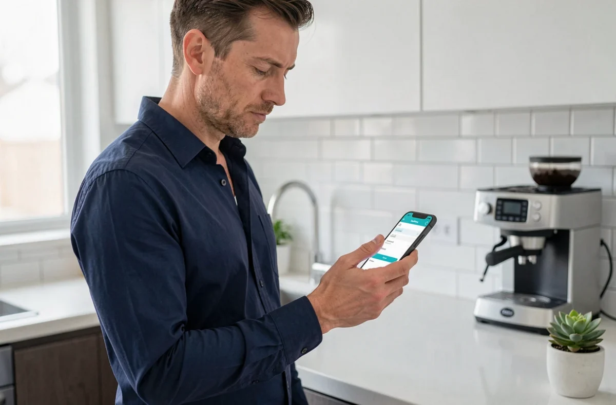 Homme consultant un annuaire téléphonique inversé gratuit sur smartphone dans une cuisine moderne
