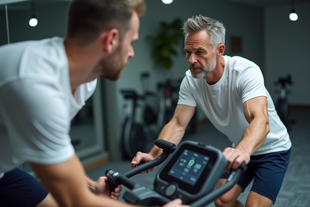 Homme inspectant le tableau de bord numérique d'un vélo d'appartement Sportstech X150 dans une salle de sport à domicile