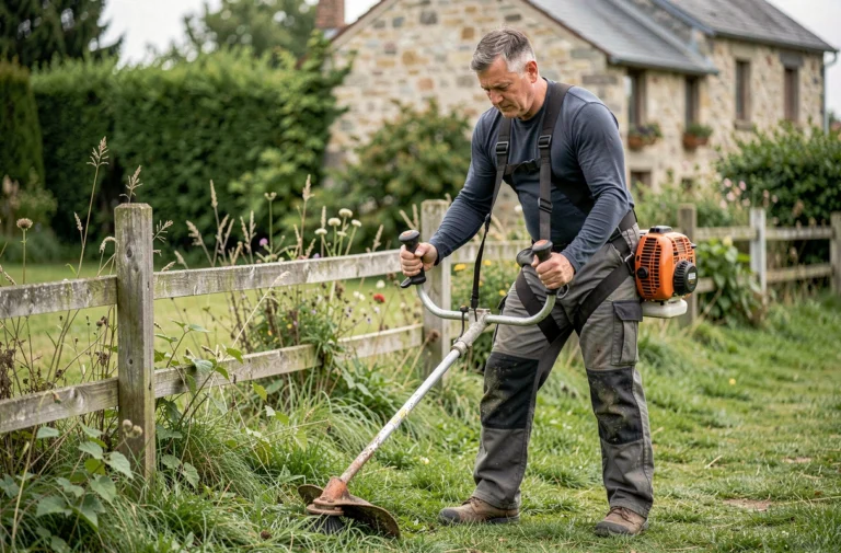 Homme utilisant une débroussailleuse thermique pour entretenir les bordures d'un jardin rural en France