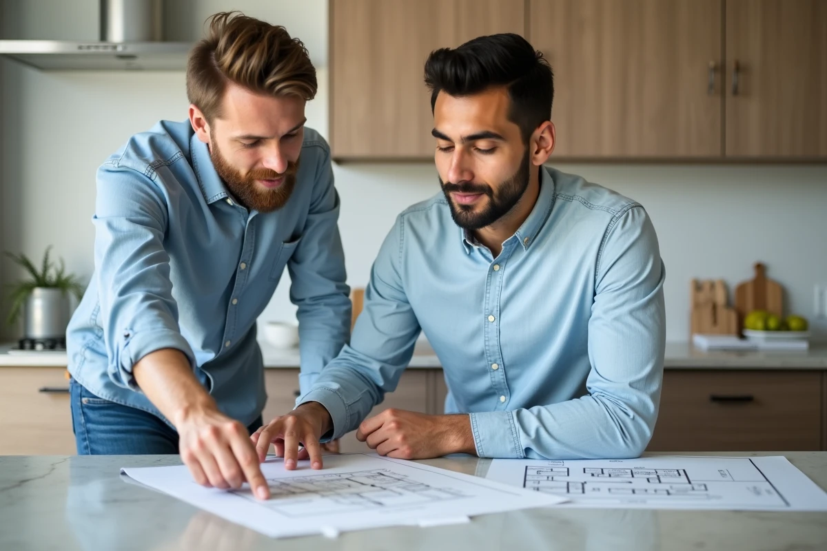 Homme et conseiller discutant plan dans cuisine accueillante
