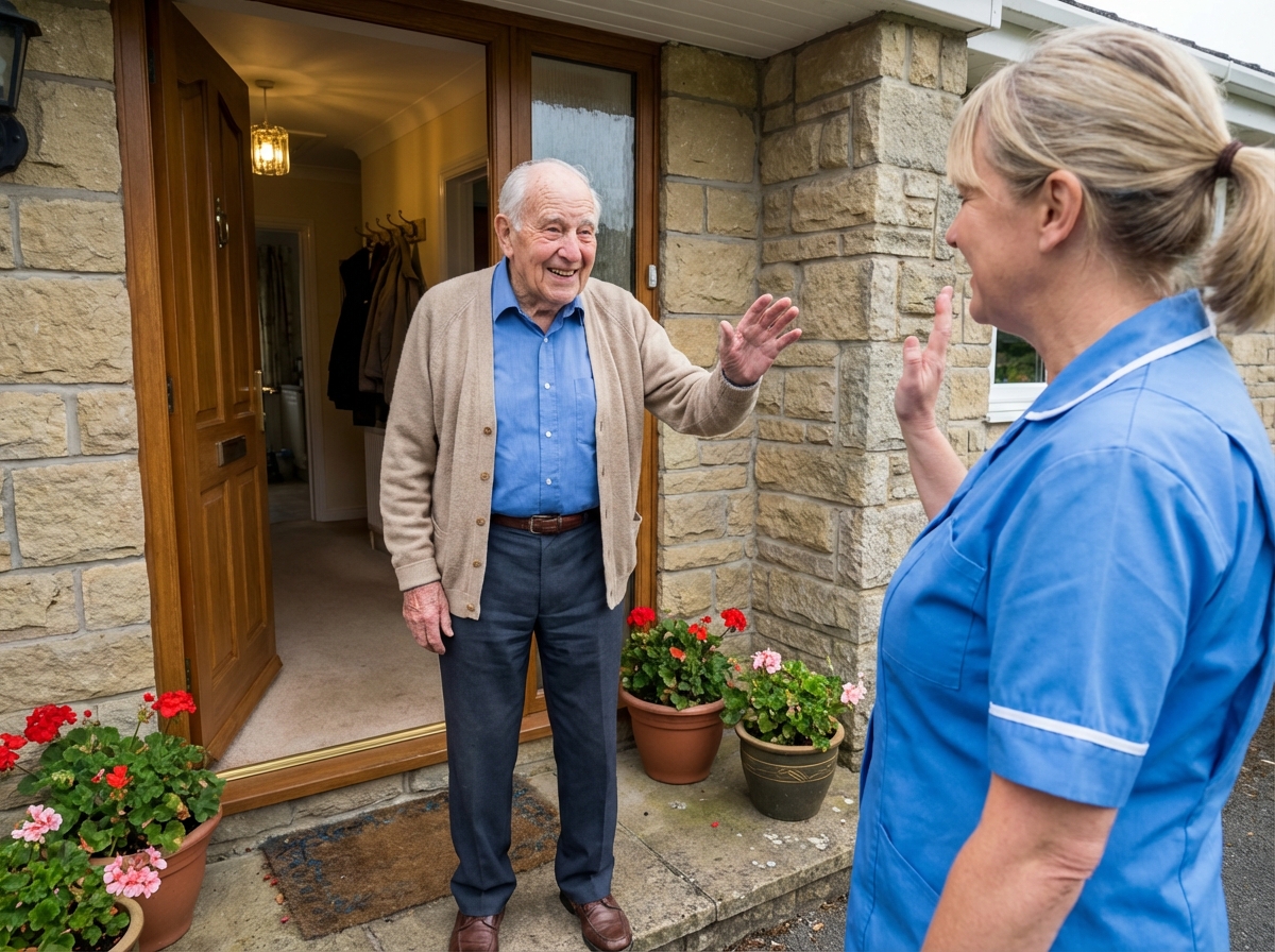 Homme agee devant sa maison accueillante