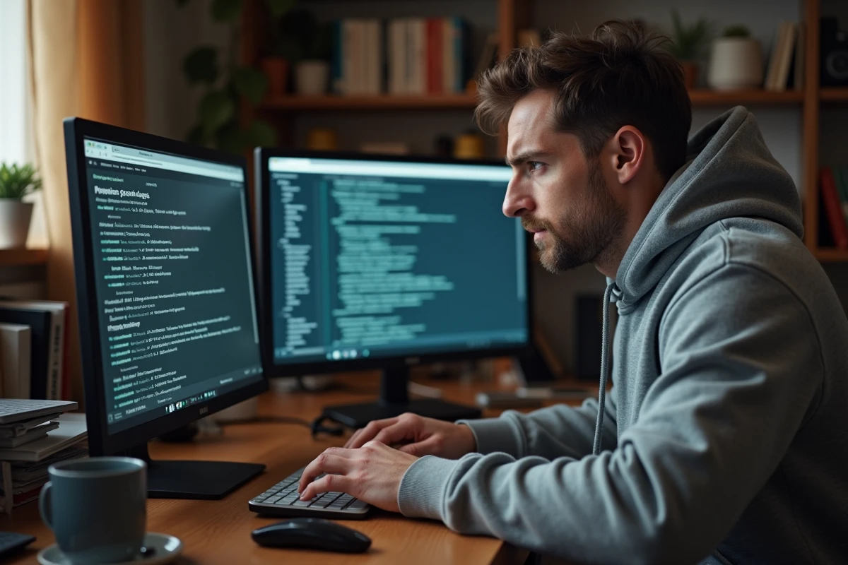 Jeune homme frustré devant son ordinateur face à la fermeture d'un site de torrents