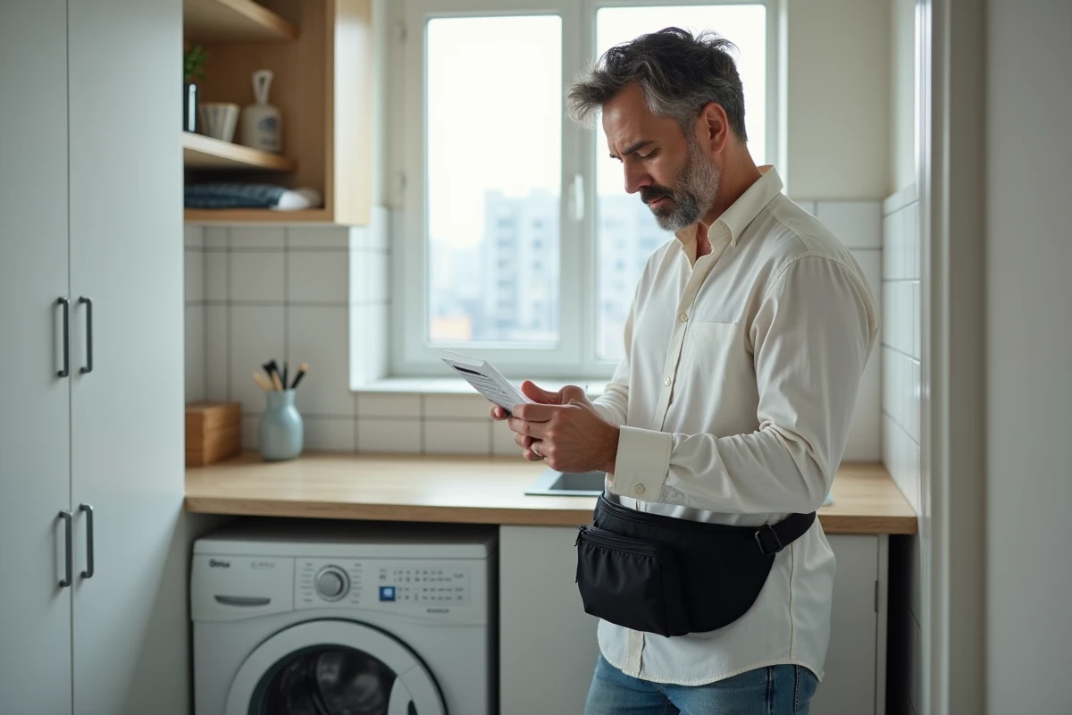Homme lisant les instructions de lavage sur une pochette noire