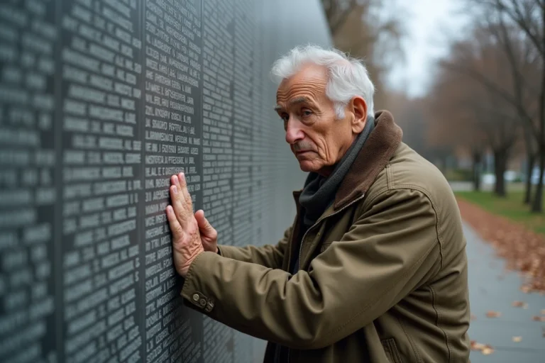 Homme âgé en uniforme devant un mur de mémoire