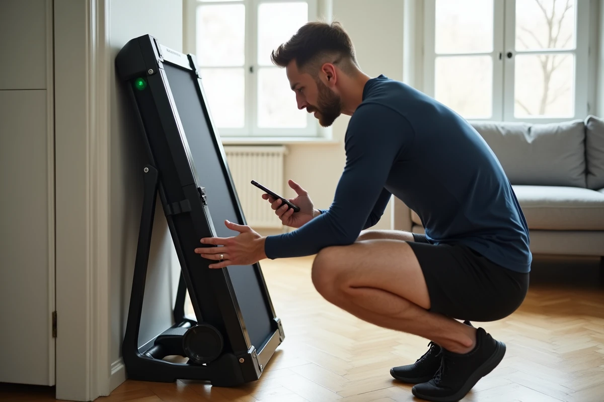 Homme examinant le système de pliage du tapis de course Sportstech F17 rangé dans un appartement