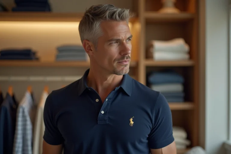 Homme en polo bleu marine avec logo brodé dans une boutique de mode haut de gamme, illustrant les marques Polo Club et Ralph Lauren