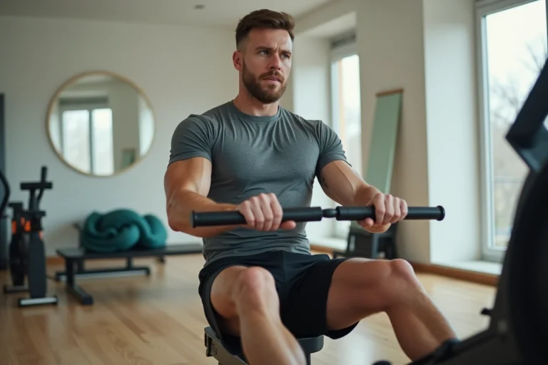 Homme en plein effort sur un rameur Striale dans une salle de sport à domicile moderne