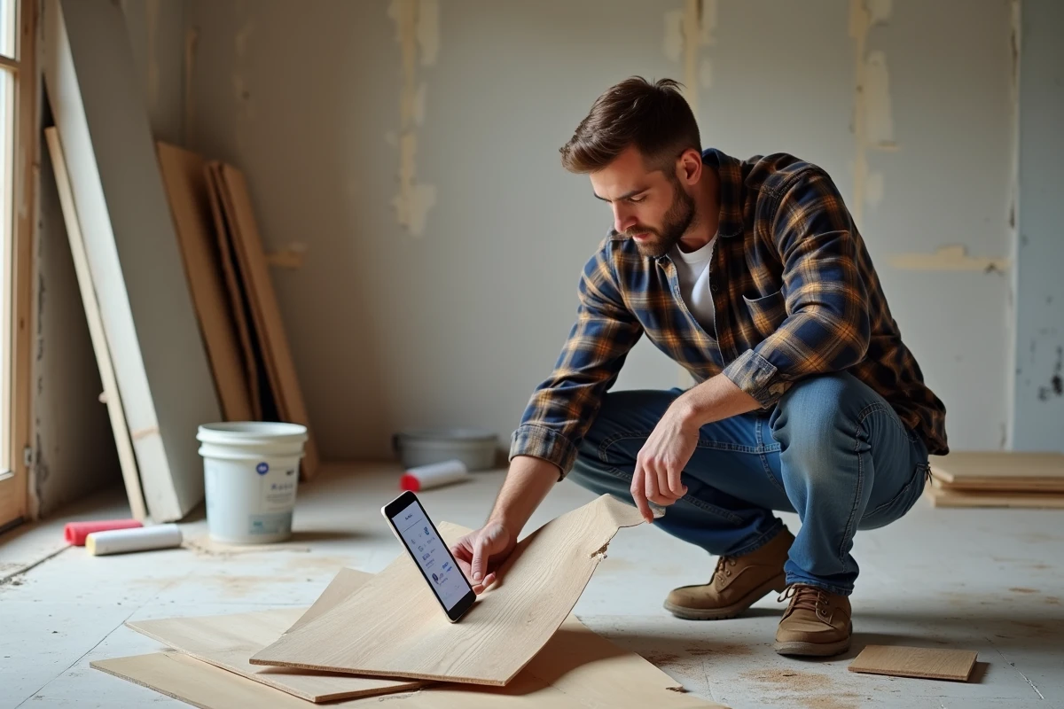 Homme en pleine rénovation comparant des échantillons de sol tout en consultant une application de services d'aménagement sur tablette