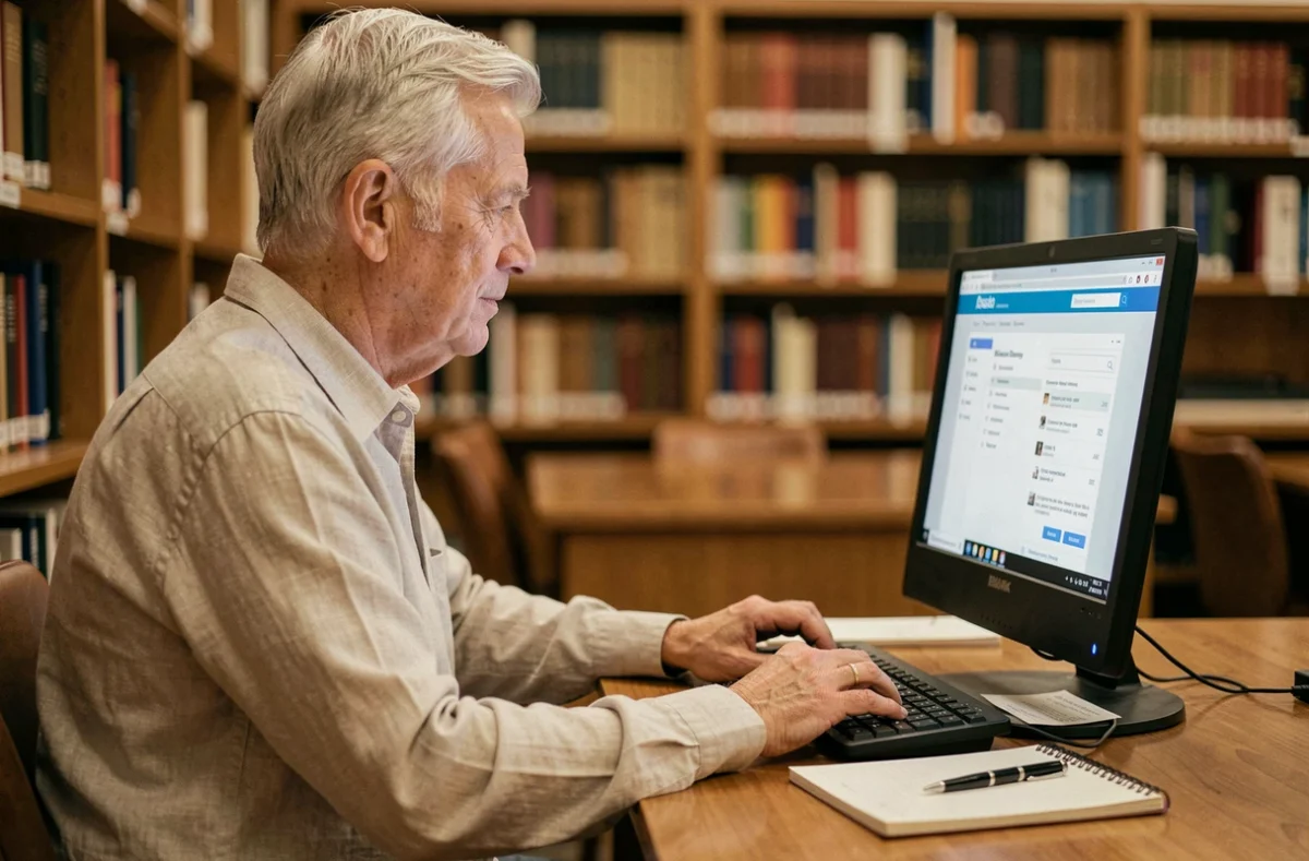 Homme âgé effectuant une recherche sur un annuaire inversé gratuit dans une bibliothèque publique