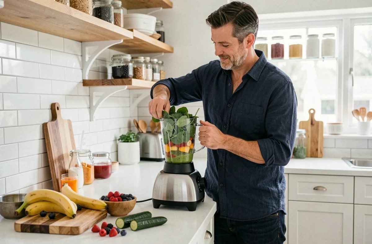 Homme en bonne santé préparant un smoothie aux légumes et fruits frais dans une cuisine moderne pour une alimentation saine