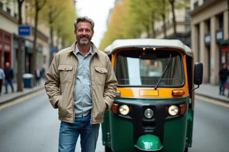 Homme souriant à côté d'un tuk tuk coloré à Paris