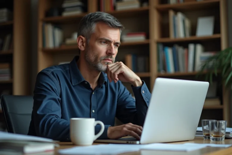 Homme analysant attentivement un site web sur son ordinateur portable avant de s'inscrire, dans un bureau à domicile moderne