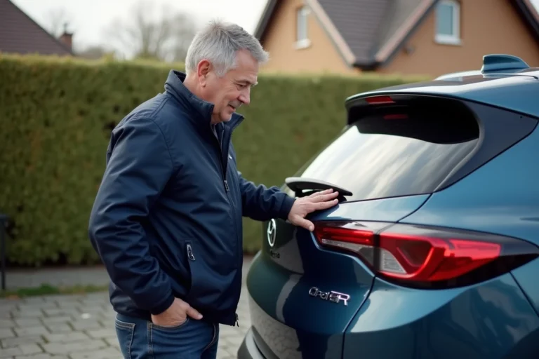 Homme attentif examinant les capteurs d'une voiture crossover