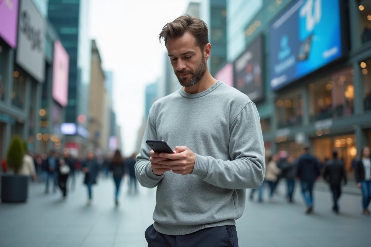 Homme en ville consultant son smartphone sur une application d'actualités numériques et technologiques