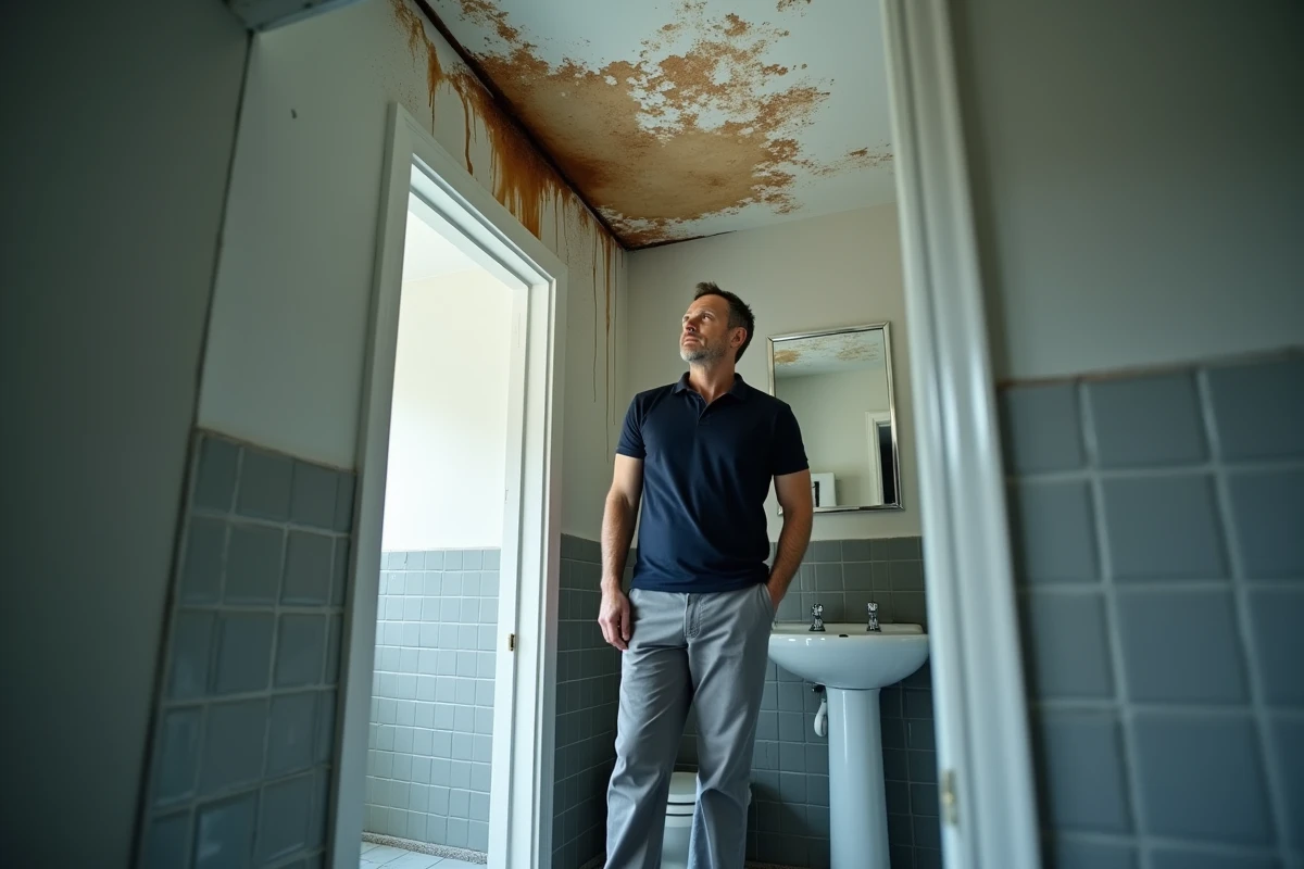 Homme observant un plafond de salle de bain endommagé par des infiltrations d'eau avec peinture décollée et taches brunes