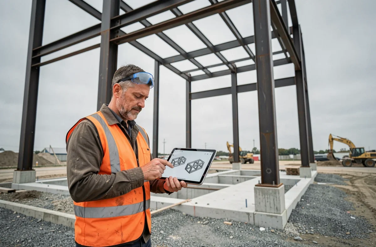 Ingénieur civil consultant une maquette 3D sur tablette devant une ossature acier en cours de montage