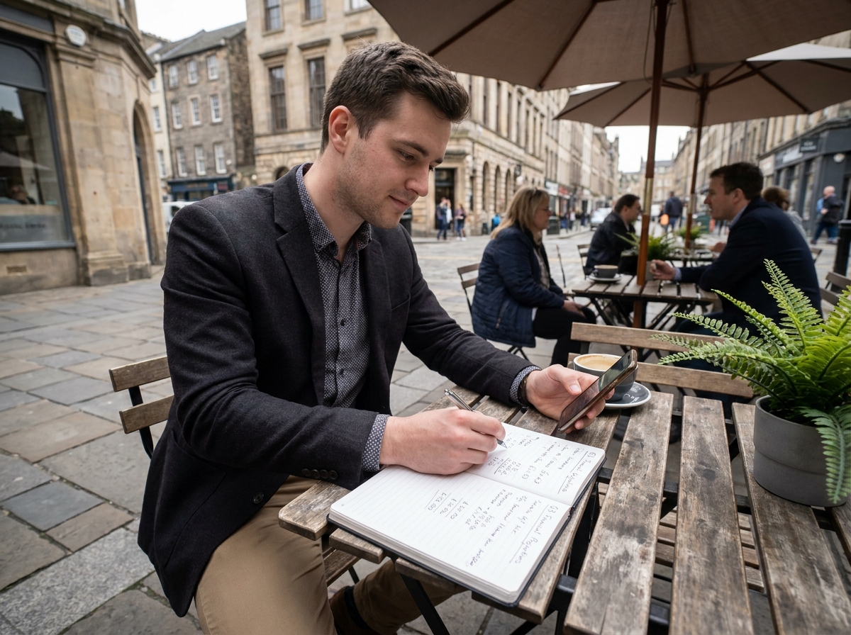 Jeune homme écrit notes dans un café urbain