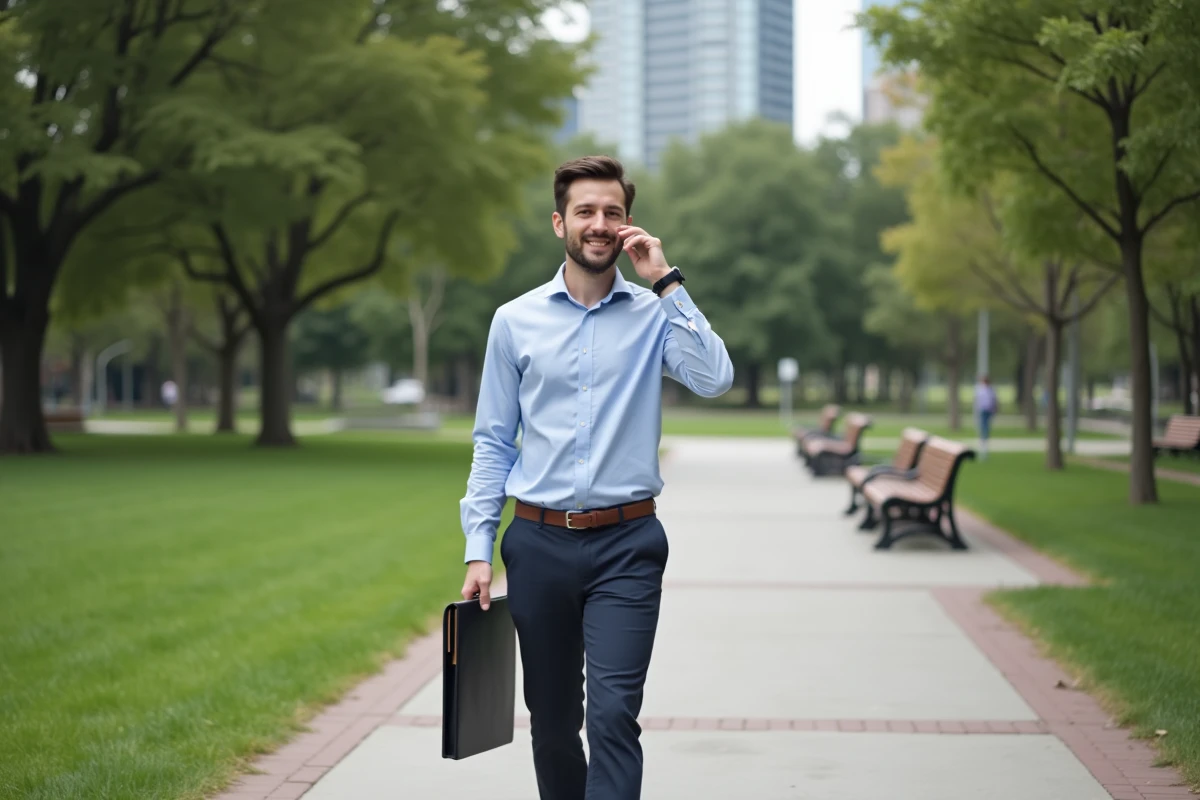 Jeune homme en ville parlant au téléphone dans un parc urbain