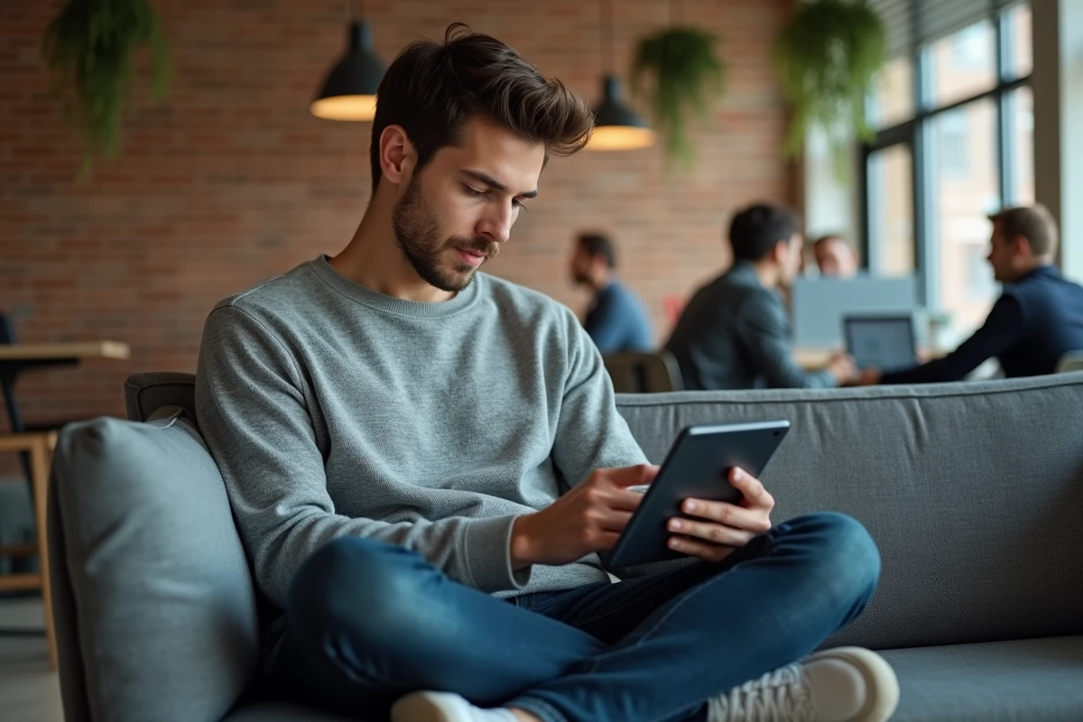 Jeune professionnel consultant les tendances financières sur une tablette dans un espace de coworking