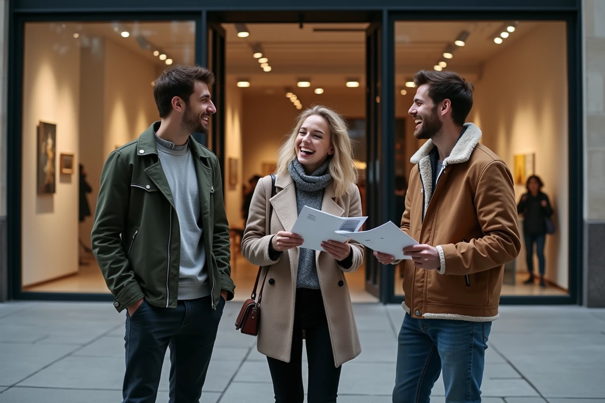 Groupe d amis devant une galerie d art à Paris
