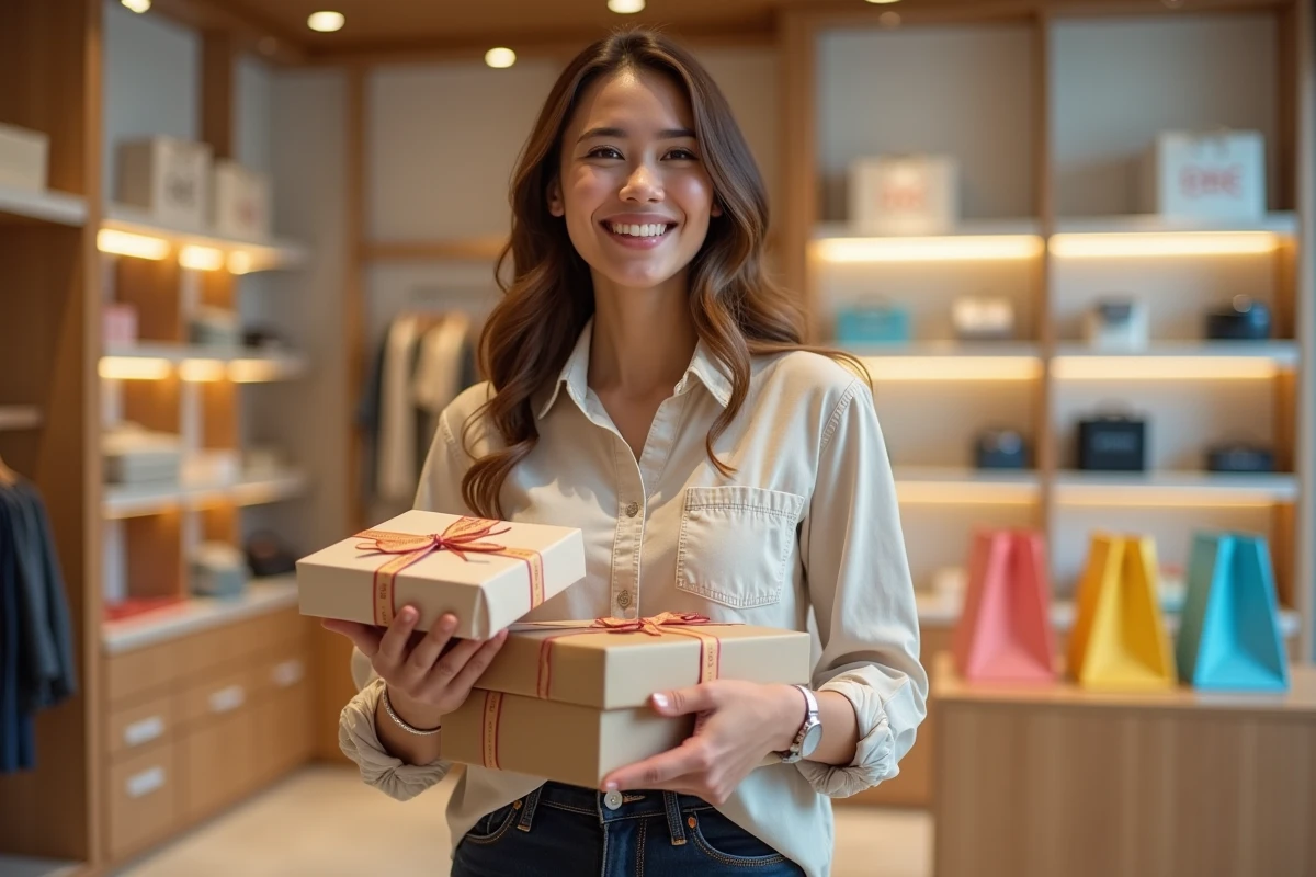 Jeune femme tenant des lots cadeaux de marques attractives dans une boutique moderne