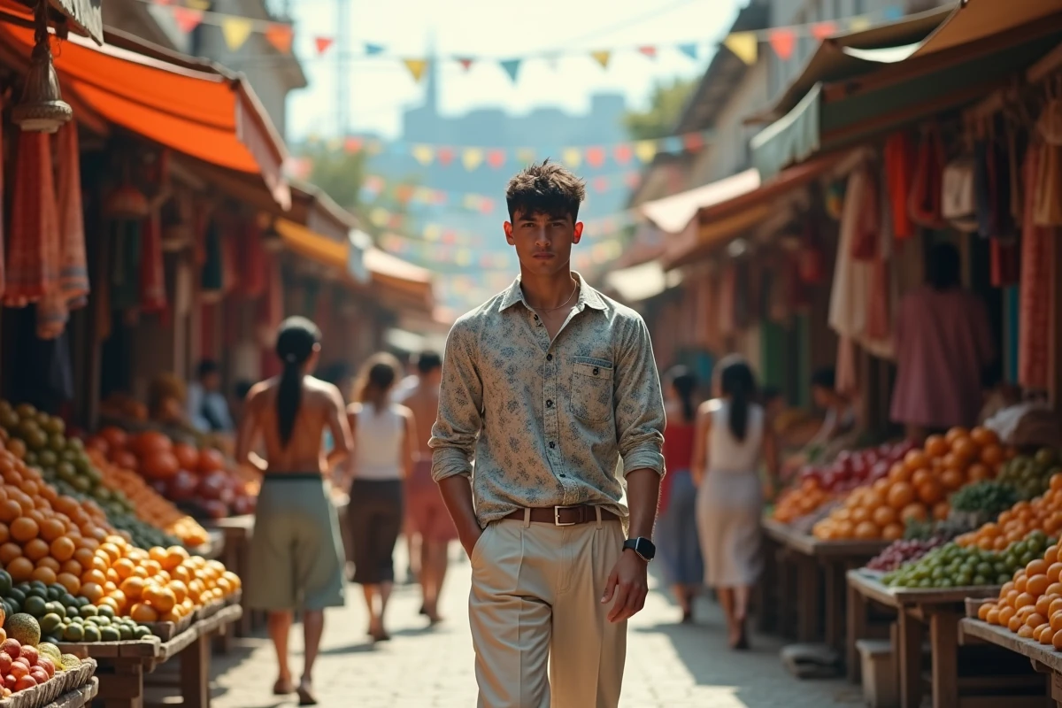 Jeune homme dans un marché coloré et animé