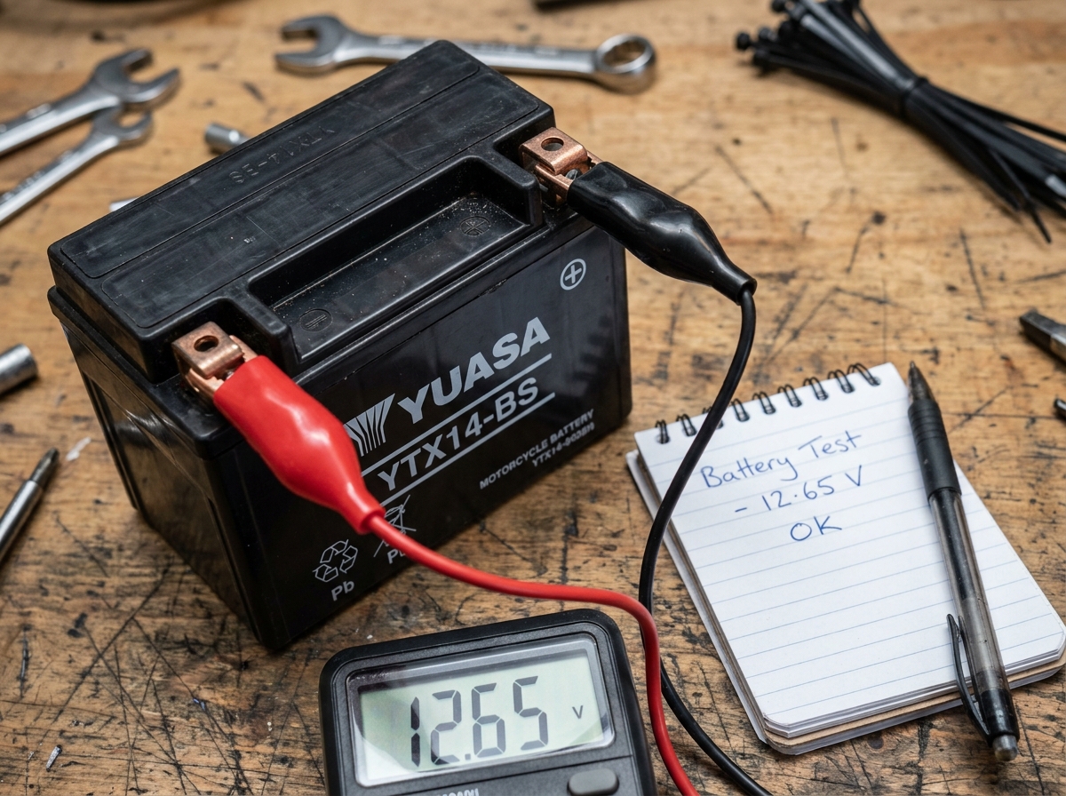 Gros plan sur une batterie de moto avec multimètre et notes de tension sur un établi