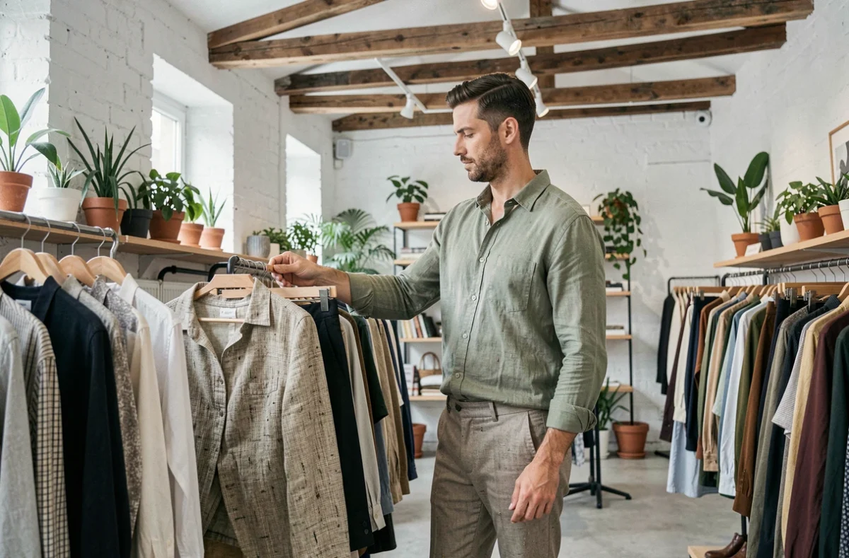 Homme en chemise lin vert sauge et pantalon upcyclé faisant du shopping dans un concept store de mode durable