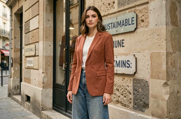 Femme portant un blazer en coton biologique terracotta et un jean recyclé devant une boutique de mode engagée à Paris