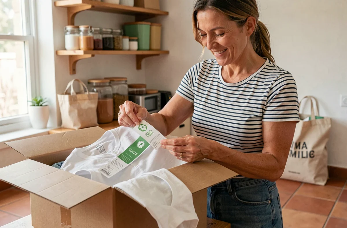 Femme découvrant une commande vestimentaire éco-responsable livrée dans un emballage recyclé dans sa cuisine