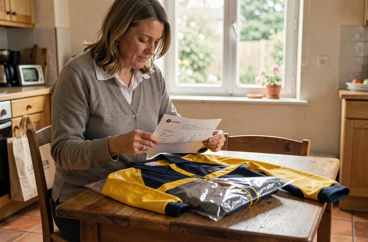 Employée La Poste déballant sa nouvelle tenue de travail reçue à domicile