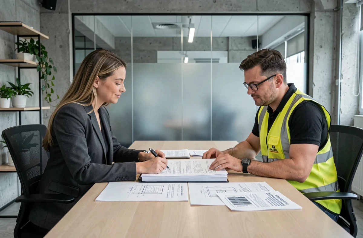 Consultante et entrepreneur discutant d'un dossier administratif pour un projet de bâtiment acier