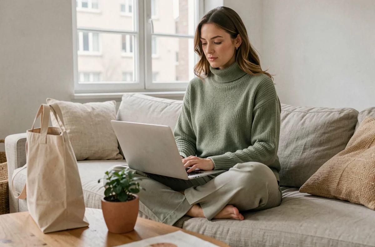 Femme faisant du shopping en ligne de façon responsable sur son ordinateur portable dans un salon minimaliste et écologique