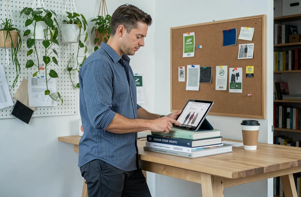 Homme consultant des tendances mode éco-responsables sur une tablette dans un bureau minimaliste à domicile