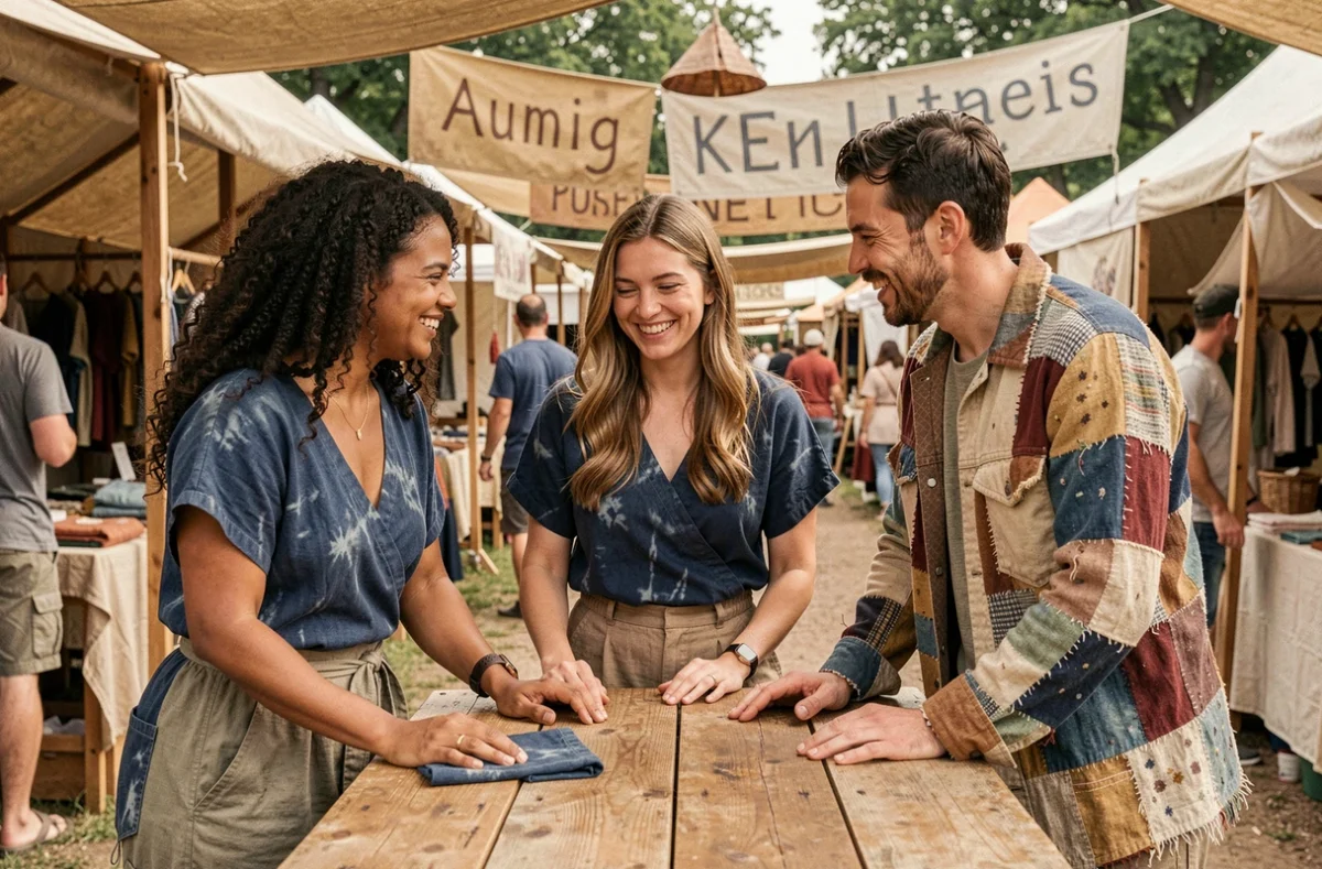 Groupe de trois amis portant des vêtements slow fashion en fibres naturelles lors d'un marché de mode responsable en plein air