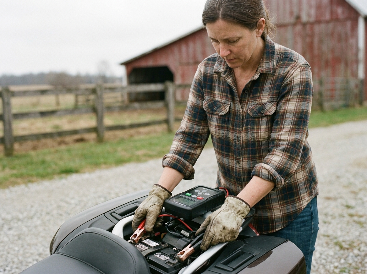 Femme vérifiant l'état de charge de la batterie d'une moto de tourisme avec un testeur numérique