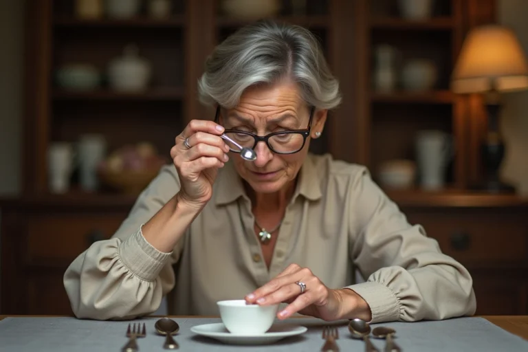 Femme examinant un poinçon sur une cuillère en argent ancienne à la loupe