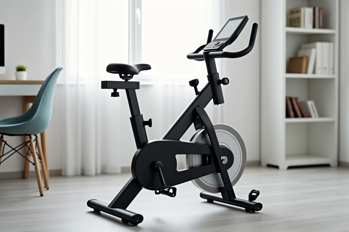 Vue complète du vélo d'appartement Sportstech X150 positionné dans un coin bureau d'appartement minimaliste